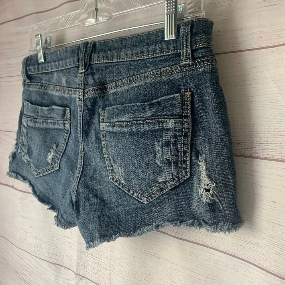 Mudd Juniors Distressed Jean Cutoff Shorts Crochet Lace Side Panels Y2K Size 7